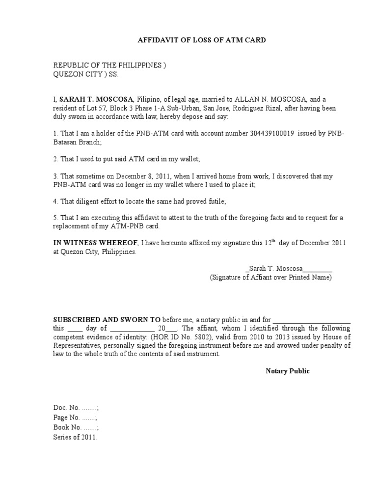 Affidavit of Loss of Atm Card  Affidavit  Notary Public