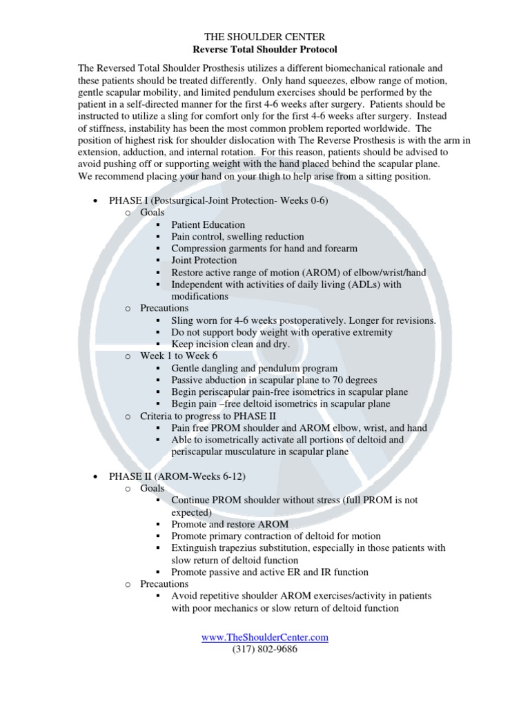 Reverse Total Shoulder Protocol Guide | PDF | Shoulder | Anatomical ...