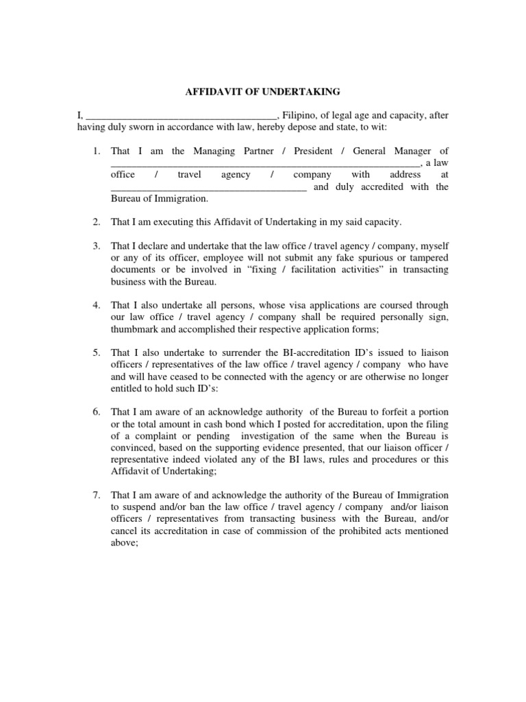 Affidavit of Undertaking for Immigration | PDF | Affidavit | Common Law