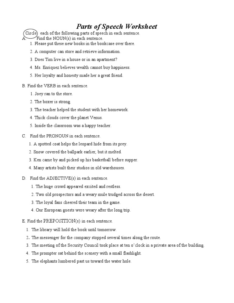 Parts of speech worksheet | pdf
