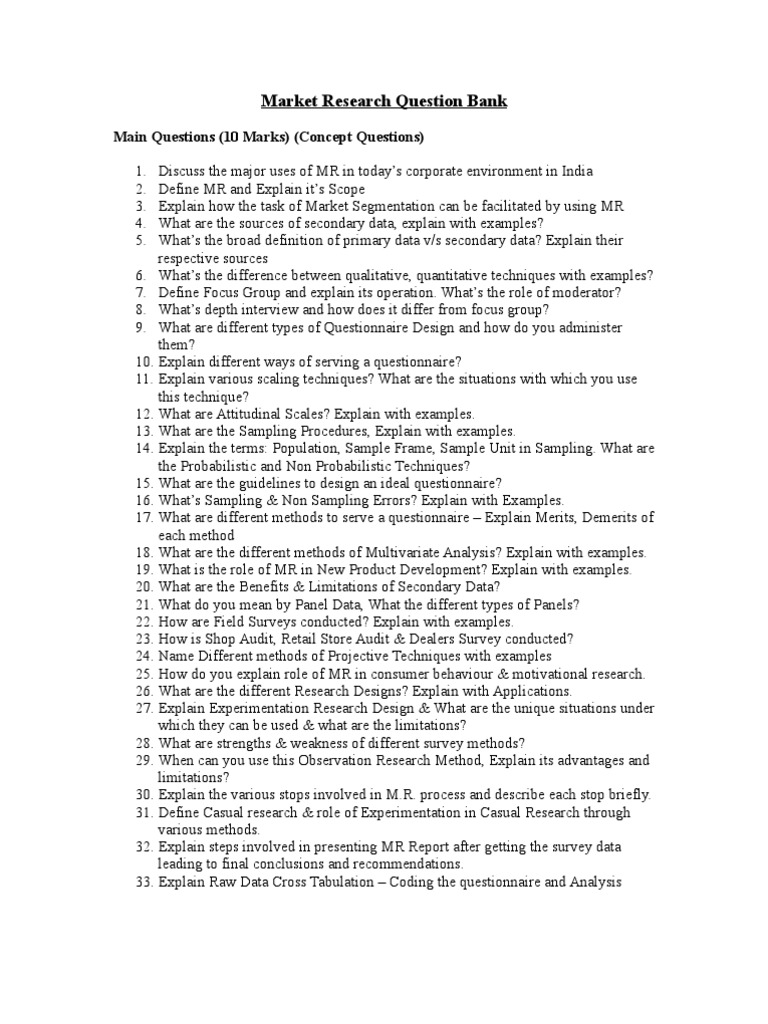 Market Research Question Bank Sampling (Statistics) Survey Methodology