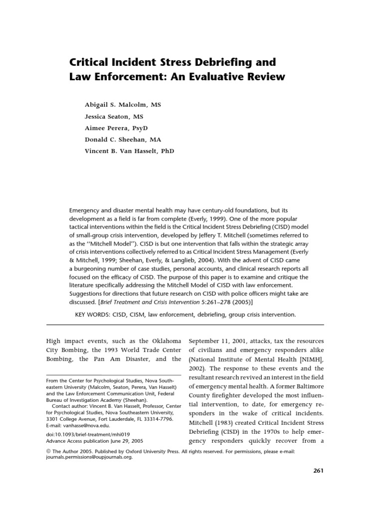 Critical Incident Stress Debriefing And Law Enforcement An Evaluative