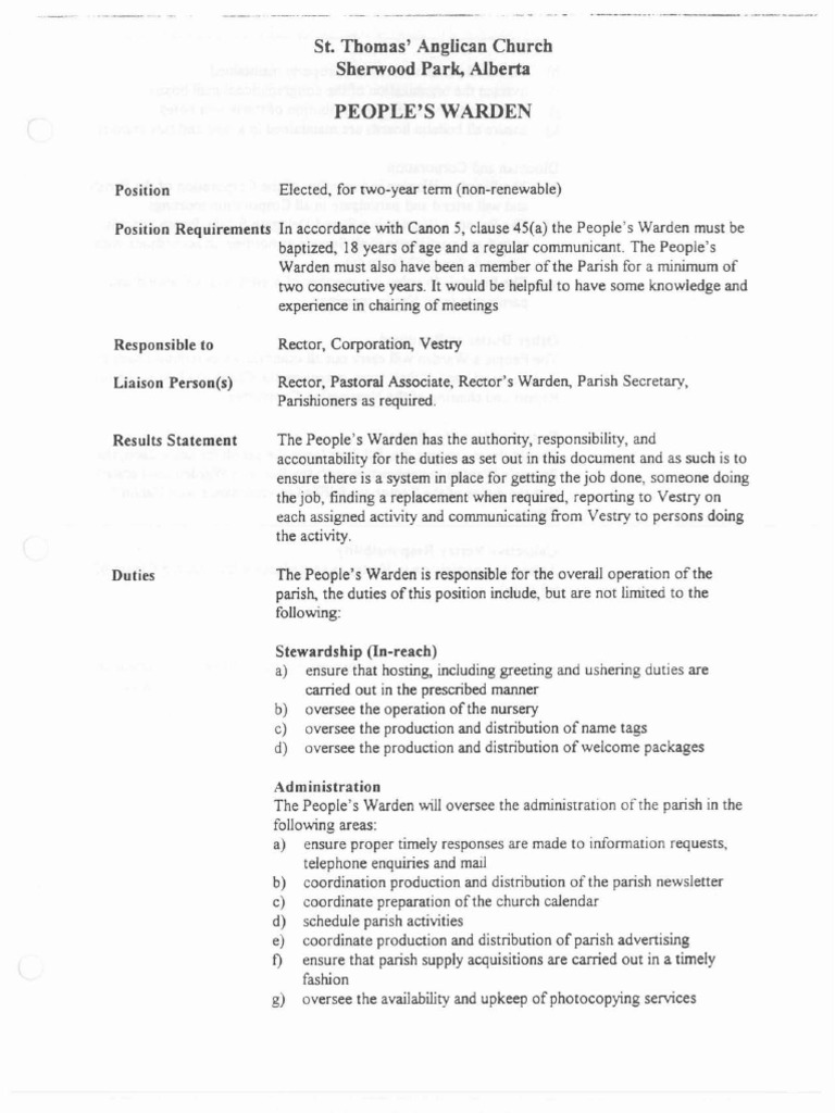 People's Warden Job Description PDF Christian Organizations