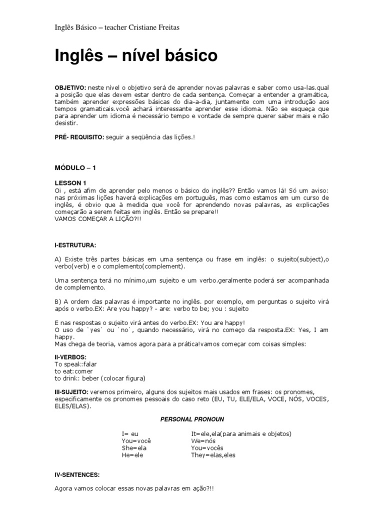 Apostila Ingles Basico-Iniciante | PDF | Assunto (Gramática) | Pronome