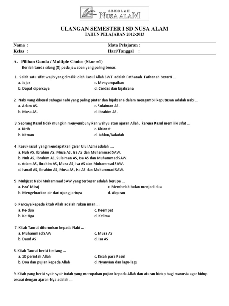 Ulangan Semester I Sd Nusa Alam