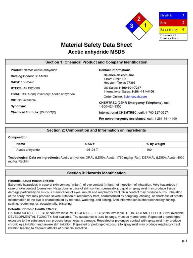 Acetic Anhydride Safety Data Sheet | PDF