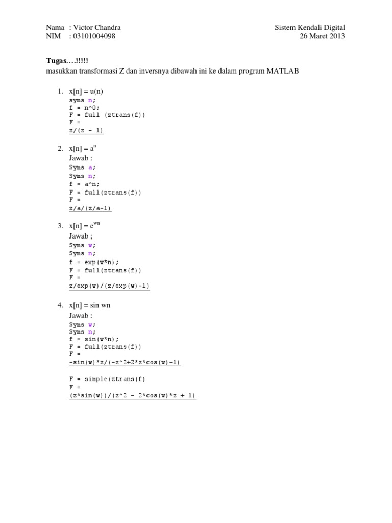 MATLAB Z-Transform Exercises | PDF | Teaching Methods & Materials