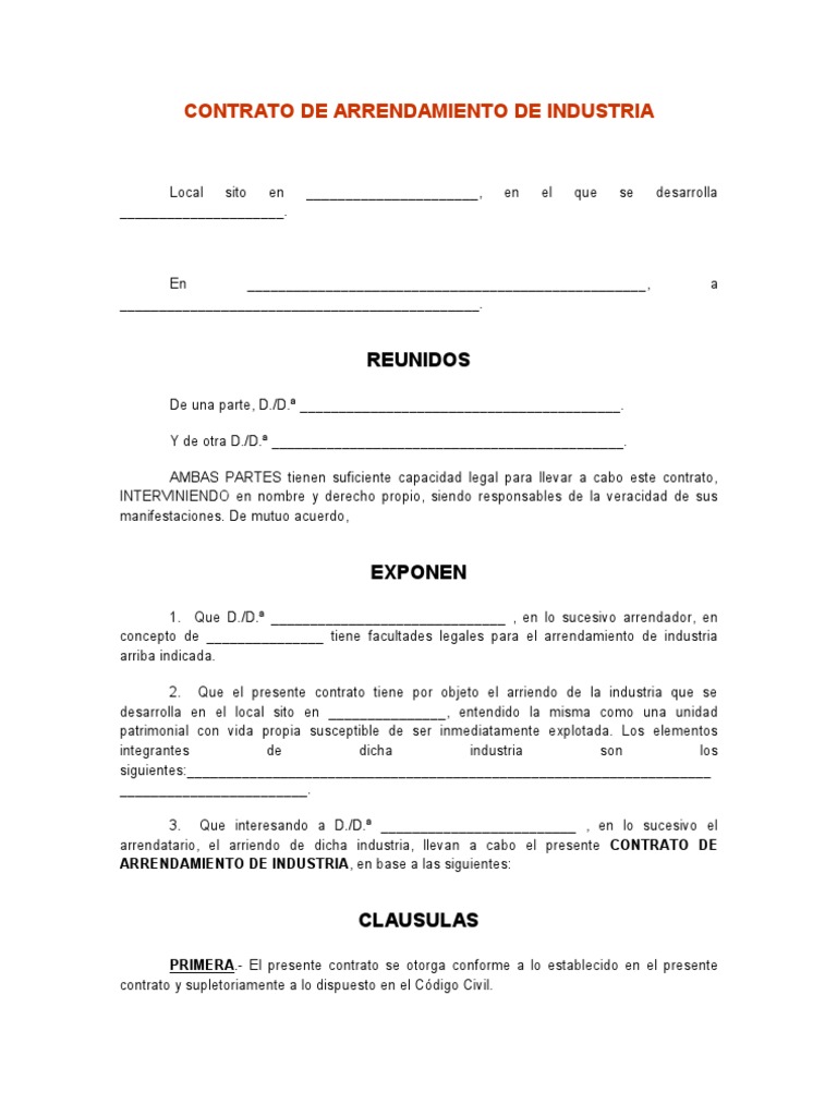 Modelo Contrato De Arrendamiento De Industria Pdf Alquiler Gobierno