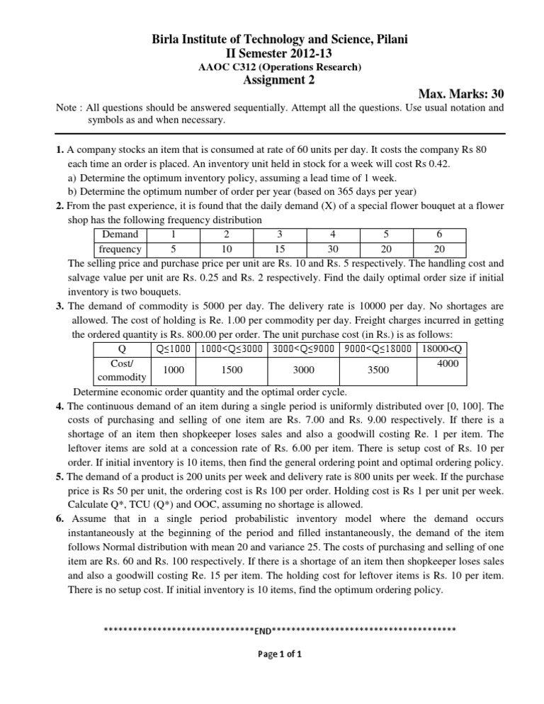 Operations Research Assignment 2 Solutions | PDF | Commodity | Inventory