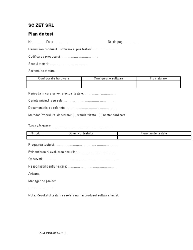 Model Formular Plan de Test | PDF
