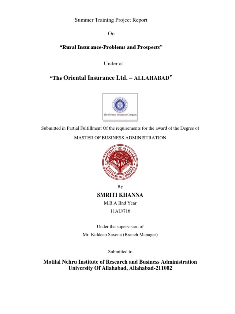 Oriental Insurance Ltd. - : Summer Training Project Report On 