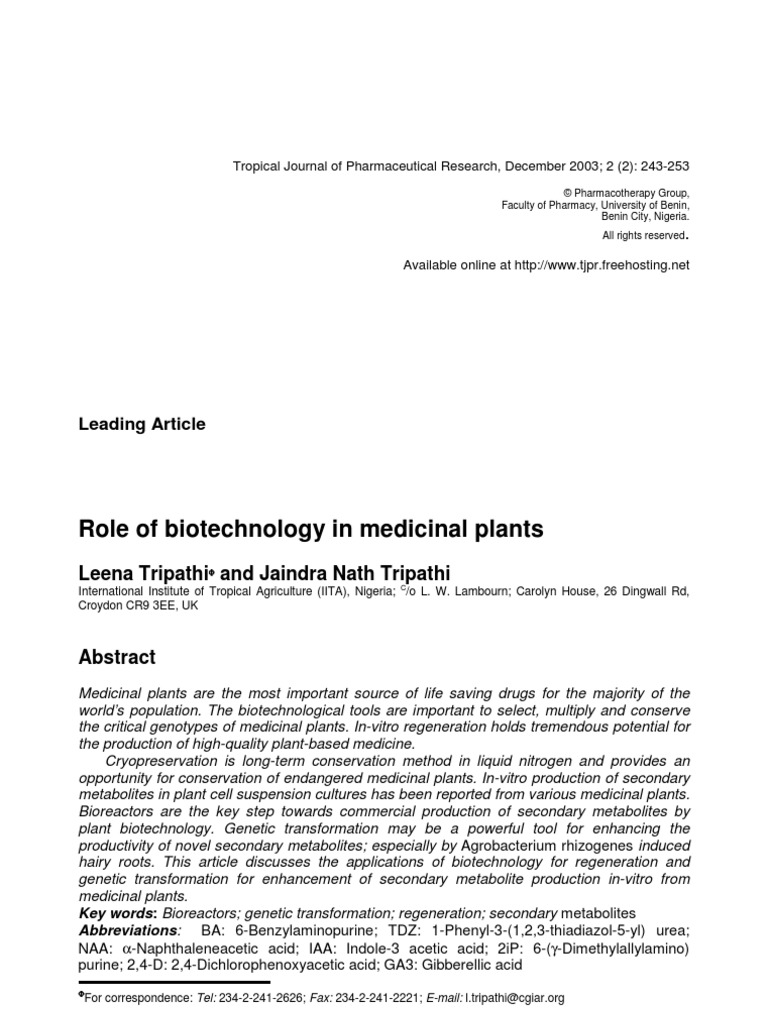 Role of Biotechnology in Medicinal Plants | PDF