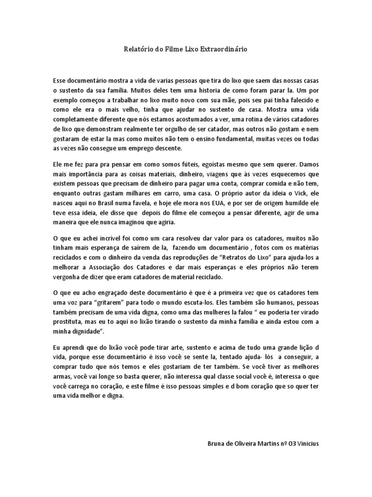 Relatório do Filme Lixo Extraordinário