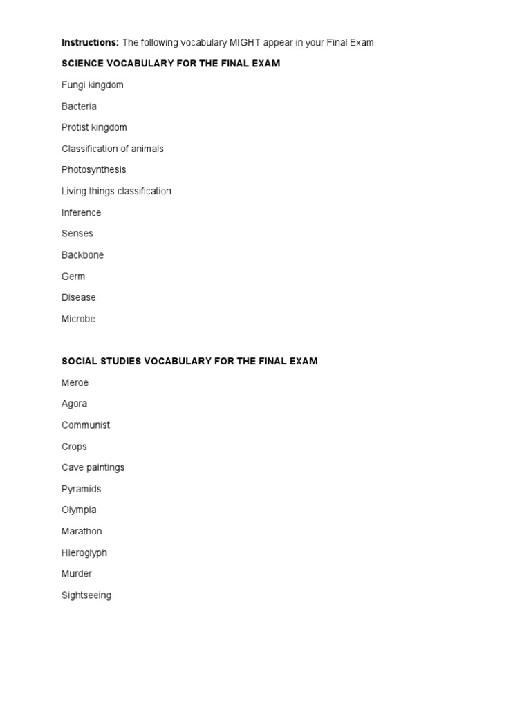 Final Exam Vocabulary 2013 PDF