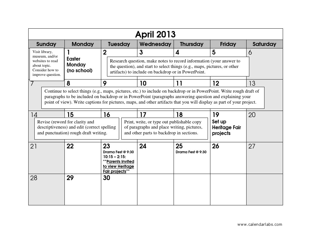 April 2013: Sunday Monday Tuesday Wednesday Thursday Friday Saturday | PDF