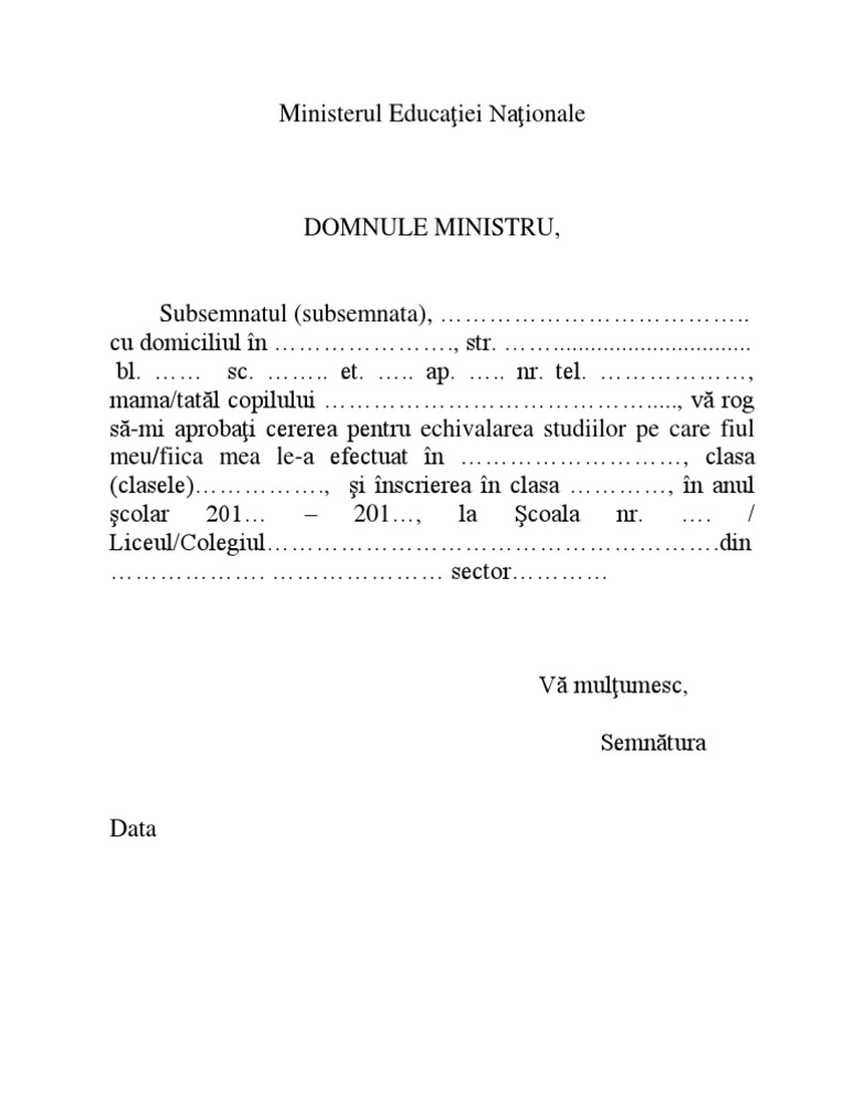 Formular Cerere Echivalare Preuniversitar 1