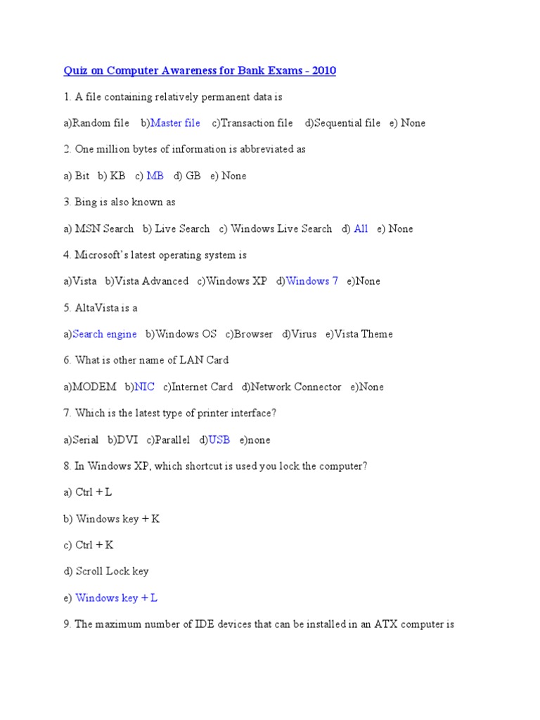 Computer Awareness Quiz for Bank Exams | PDF | Osi Model | Computer Network