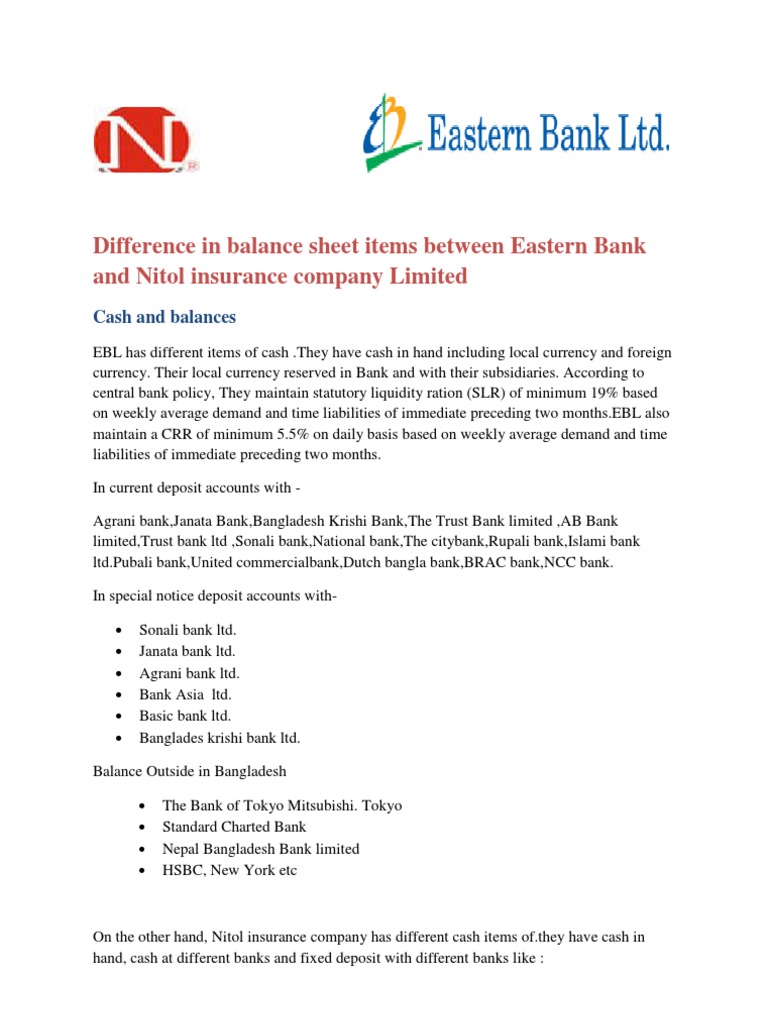 Difference in Balance Sheet Items Between Eastern Bank and
