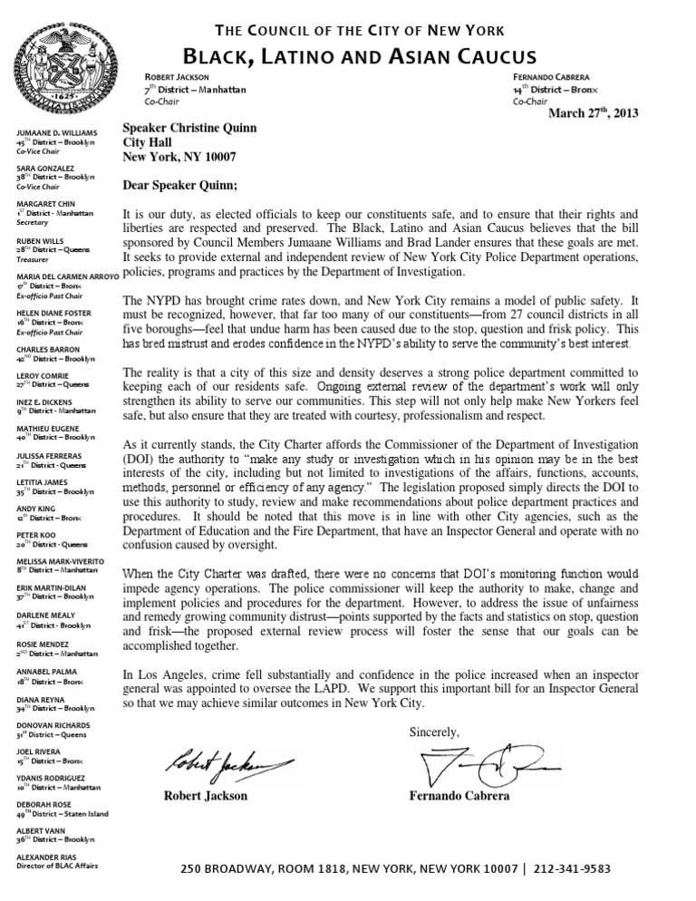 NYC Police Oversight Caucus Letter | PDF | New York City | Police
