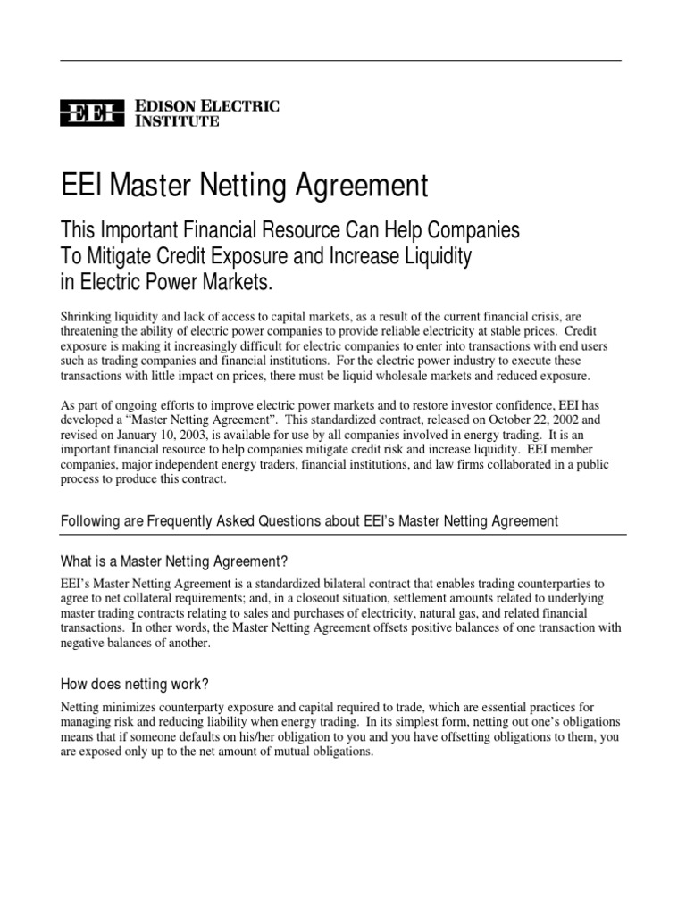 EEI Master Netting Agreement Faq PDF Set Off (Law) Market Liquidity