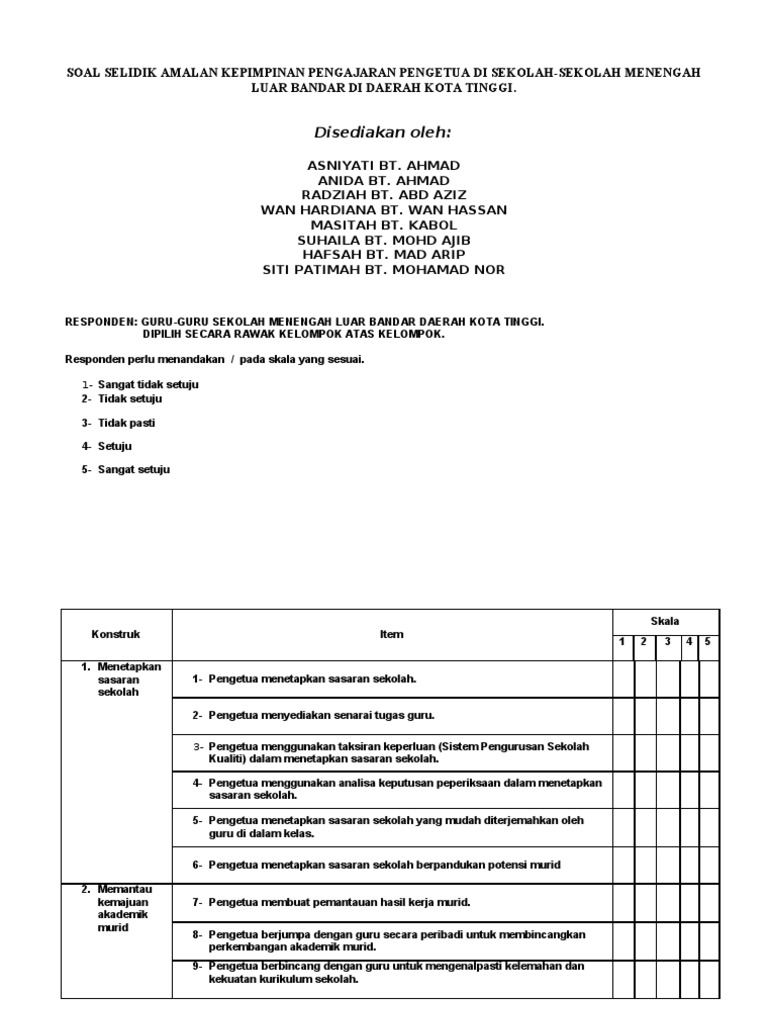 Soal Selidik Amalan Kepimpinan Pengajaran Pengetua Pdf