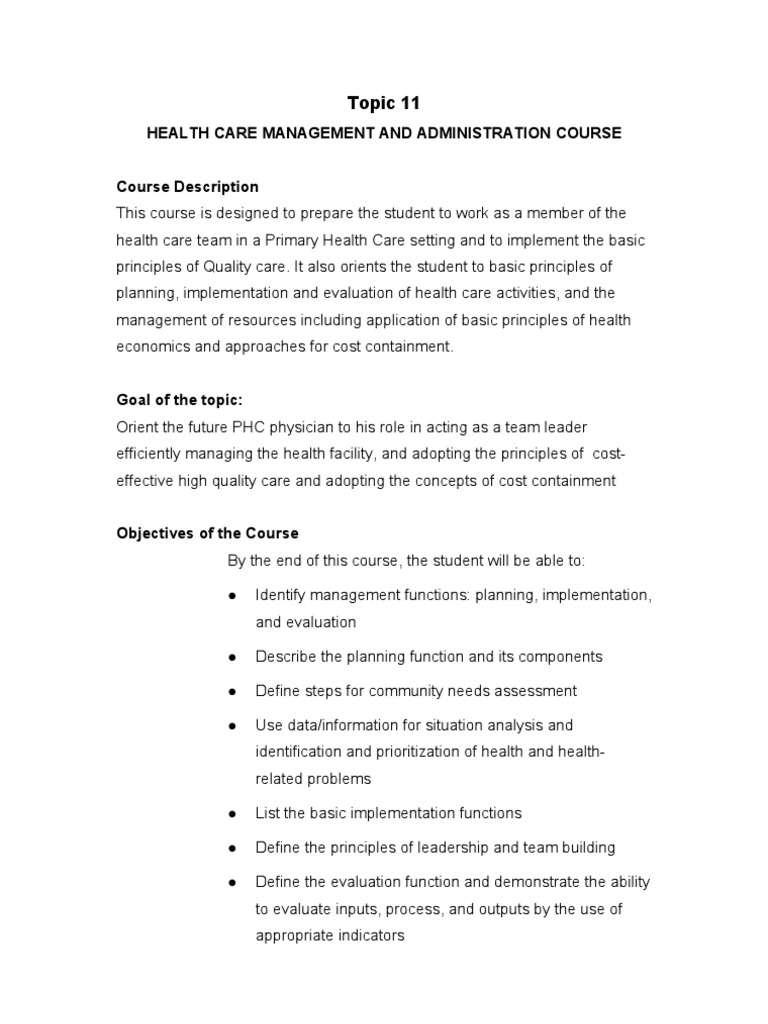 Health Care Management Course Overview | PDF | Evaluation | Leadership