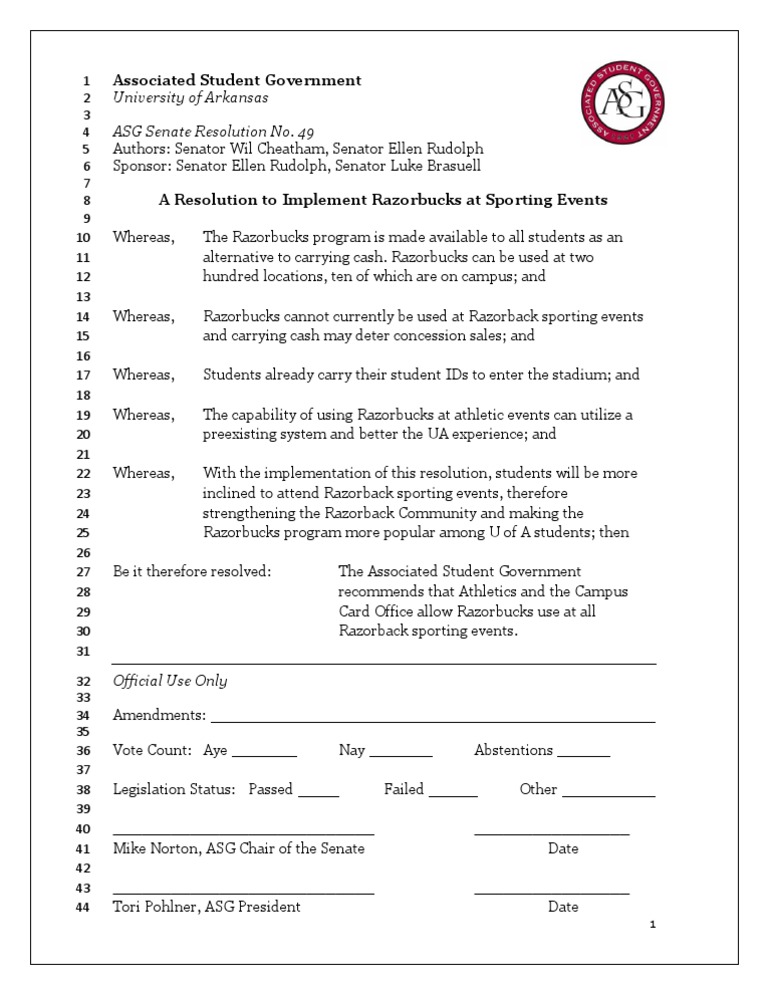 ASG Senate Resolution No. 49 - RazorBucks For Concession | PDF