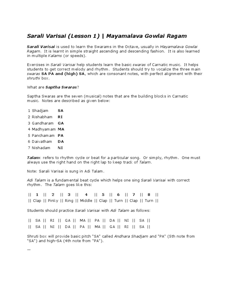 Lesson 01 Sarali Varisai Pdf Sound Performing Arts