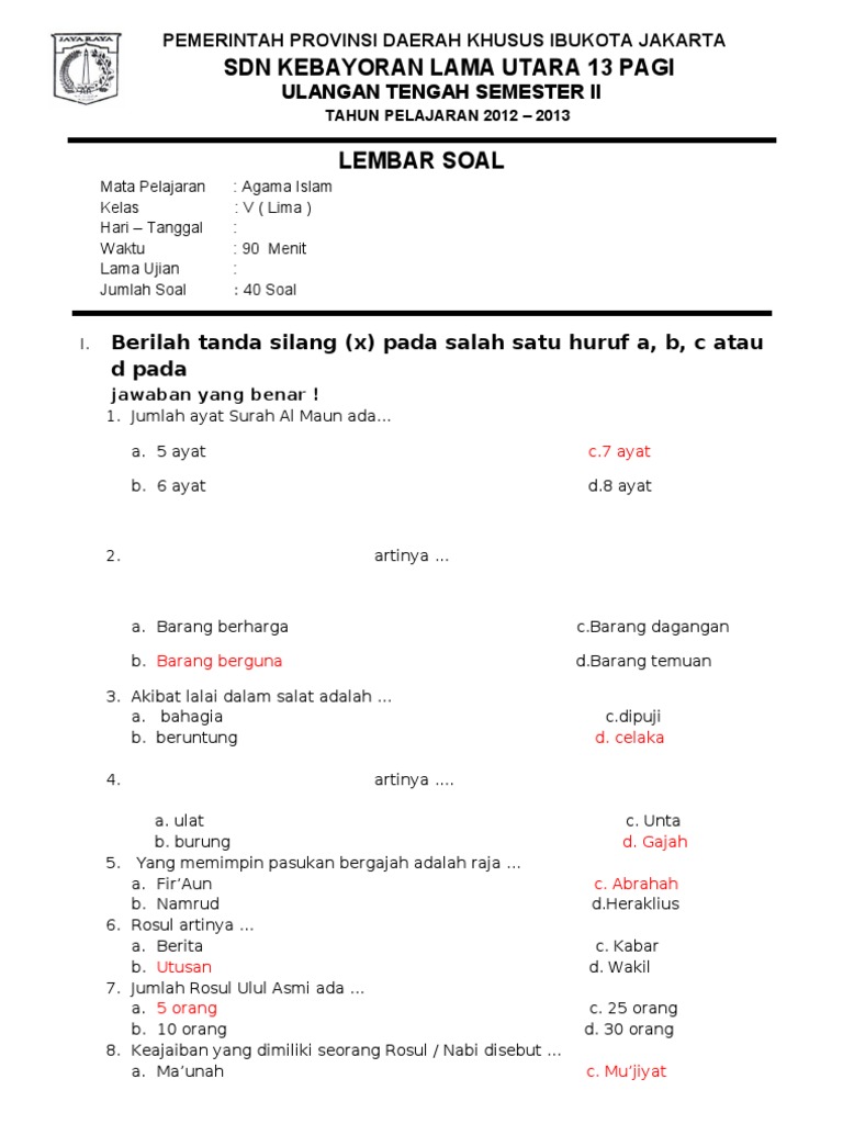 Ulangan Agama Kelas 5 Pertengahan Semester Ii