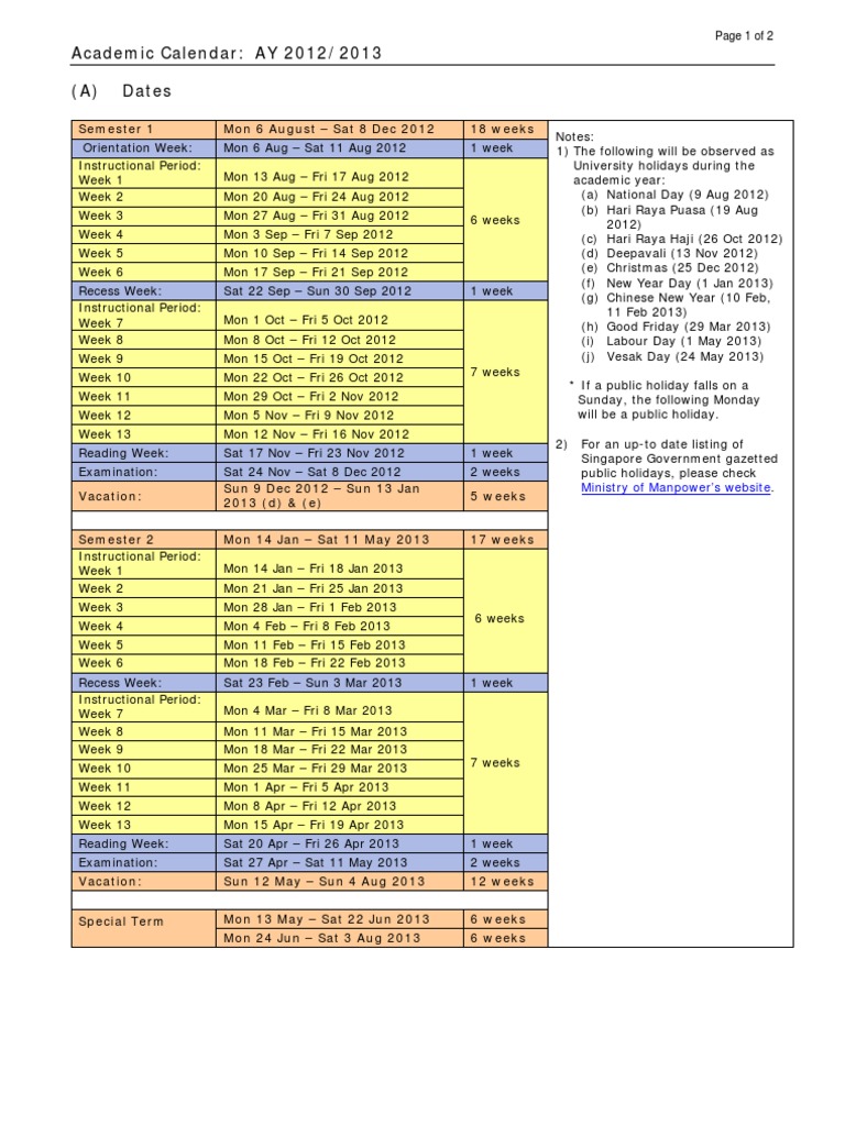 AY20122013 Academic Calender of NUS Academic Term Observances