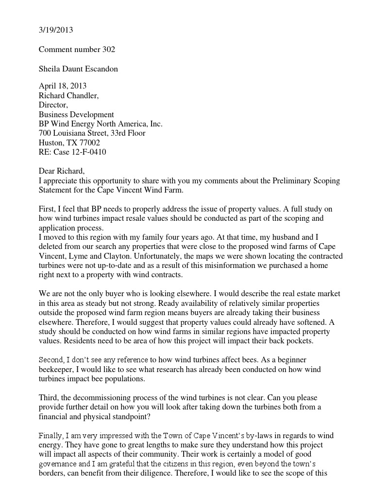 Public Comments to the PSC RE BP PIP for their Cape Vincent Wind Farm