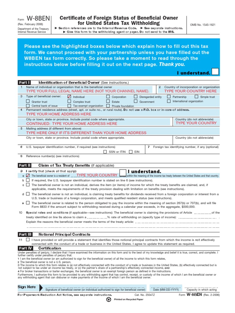 W8BEN Paypal Withholding Tax Irs Tax Forms