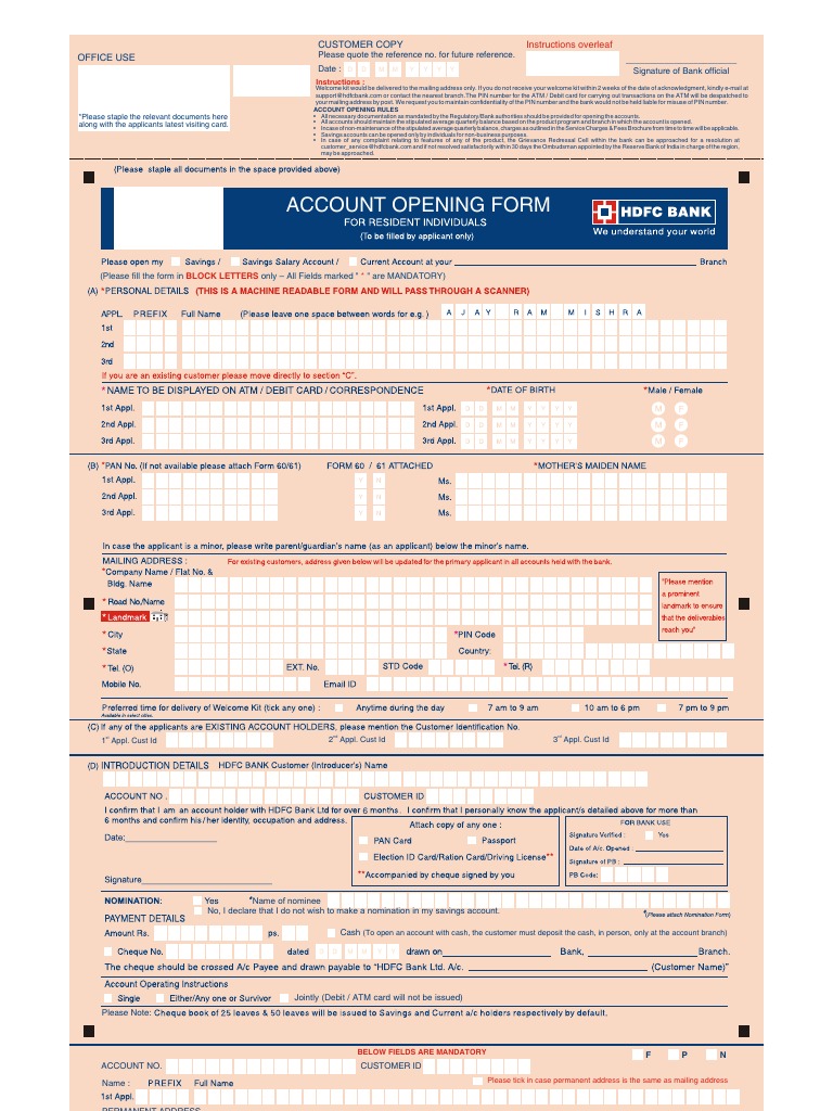 Saving account opening form in hdfc bank for resident india deposit 