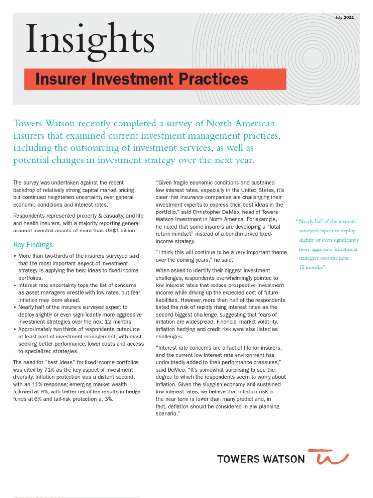 Towers Watson Insurer Inv Prac PDF Investment Management Investing