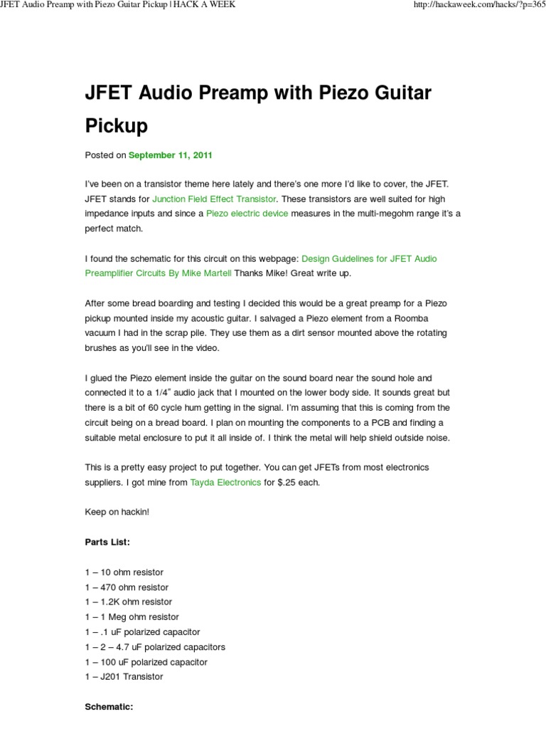 JFET Audio Preamp With Piezo Guitar Pickup HACK A WEEK PDF Download