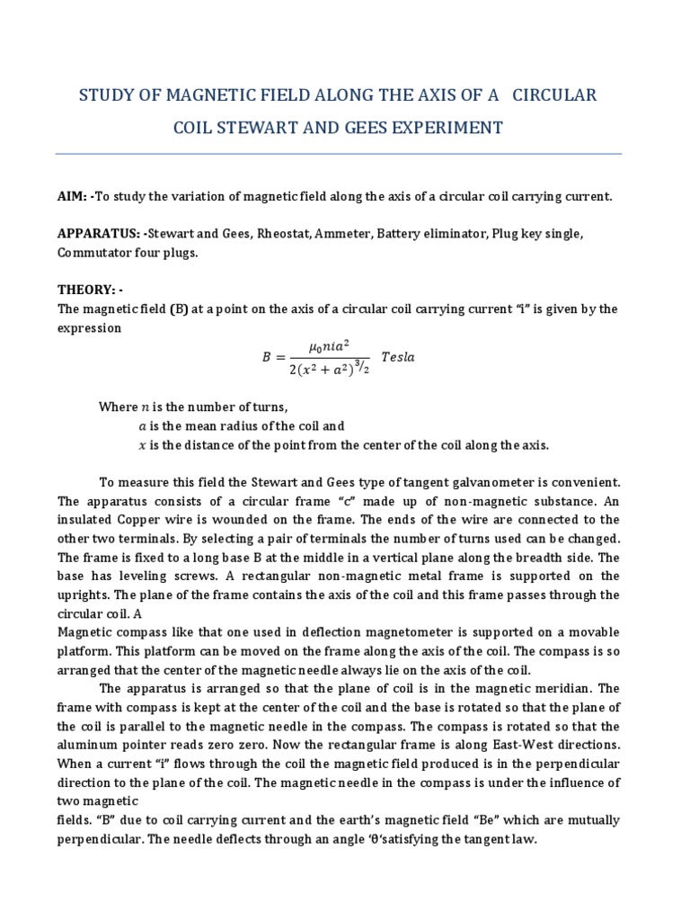 Study of Magnetic Field Along The Axis of A Circular Coil Stewart and ...