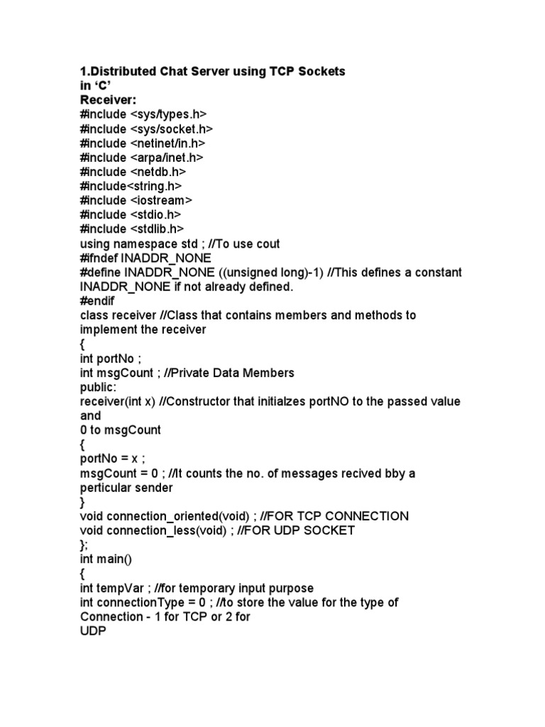 1.distributed Chat Server Using TCP Sockets in C' Receiver | PDF ...