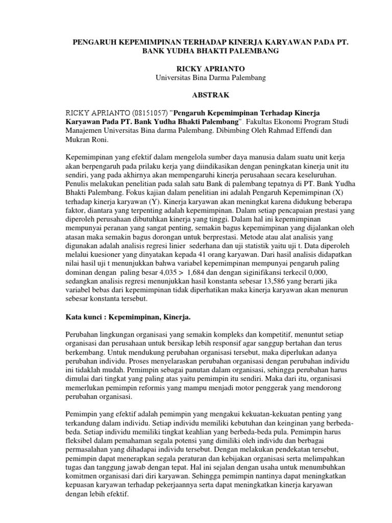 Pengaruh Kepemimpinan Terhadap Kinerja Karyawan Pada Pt Bank Yudha Bhakti