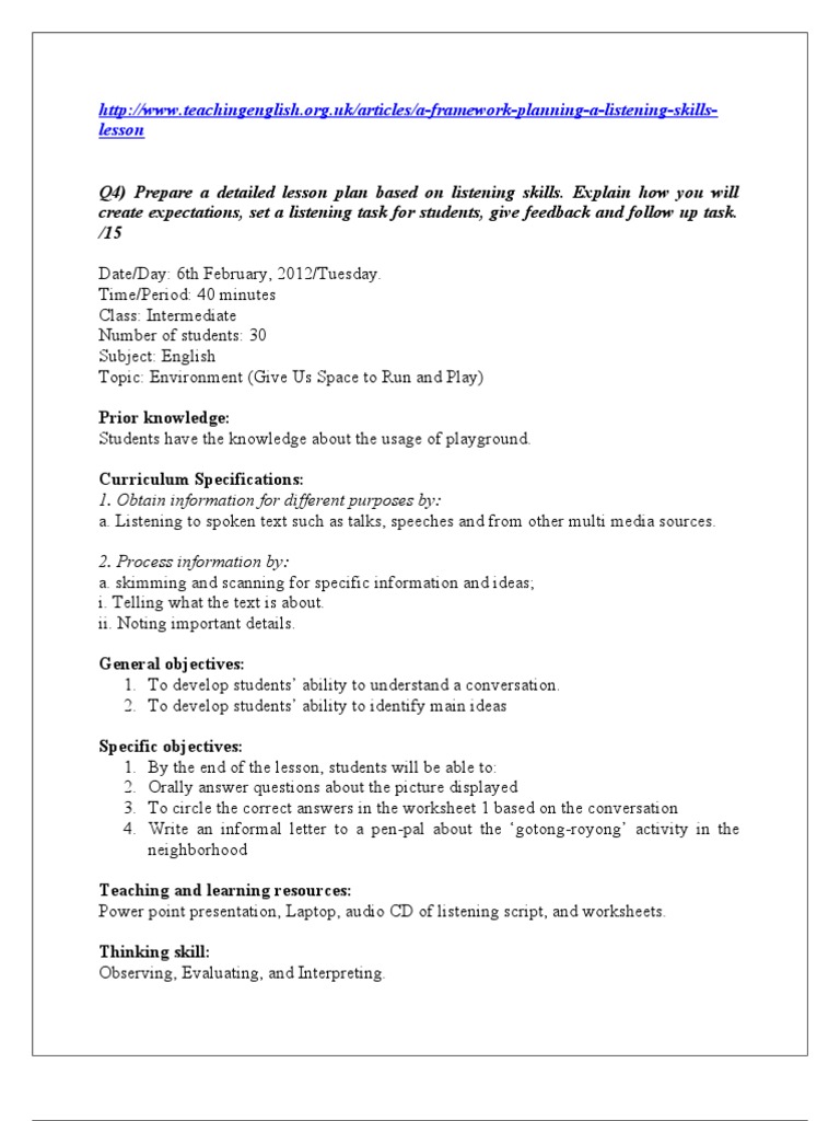 A Detailed Lesson Plan Based On Listening Skills PDF Lesson Plan
