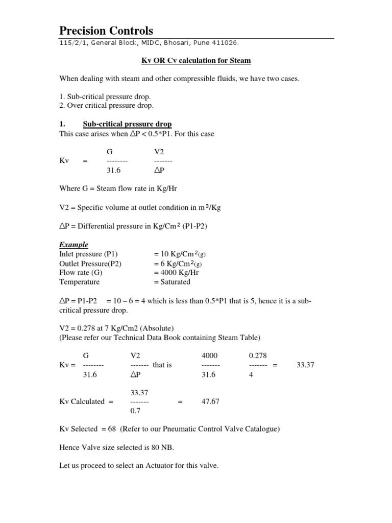 Kv or Cv Calculation for Steam Valve Actuator
