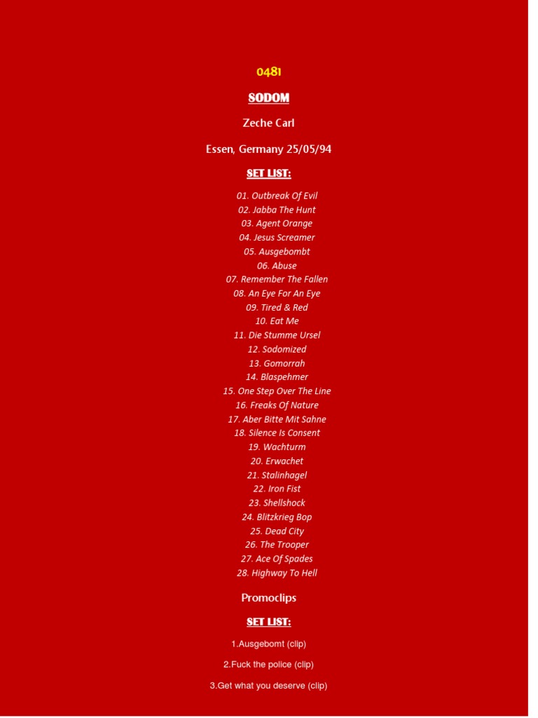 Sodom: Zeche Carl Essen, Germany 25/05/94 Set List | PDF