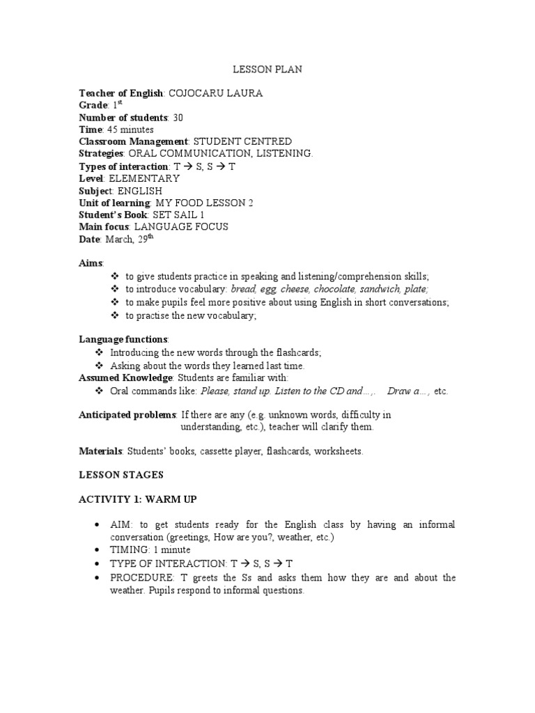 English Lesson Plan: My Food Unit | PDF | Lesson Plan | Vocabulary