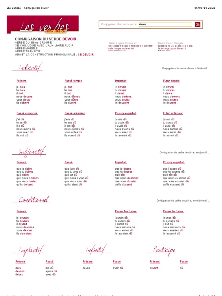 Conjuguer Verbe Devoir LES VERBES - Conjugaison Devoir | PDF | Verbe | Relations syntaxiques