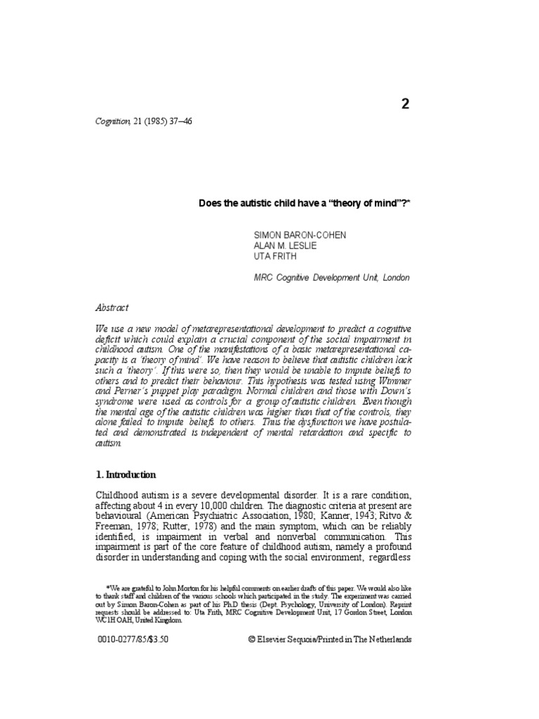 1985 Paper On Theory Of Mind >> Baron Cohen Leslie Frith 1985 Theory Of Mind Autism 1985 Paper On Theory Of Mind >> Baron Cohen Leslie Frith 1985 Theory Of Mind Autism