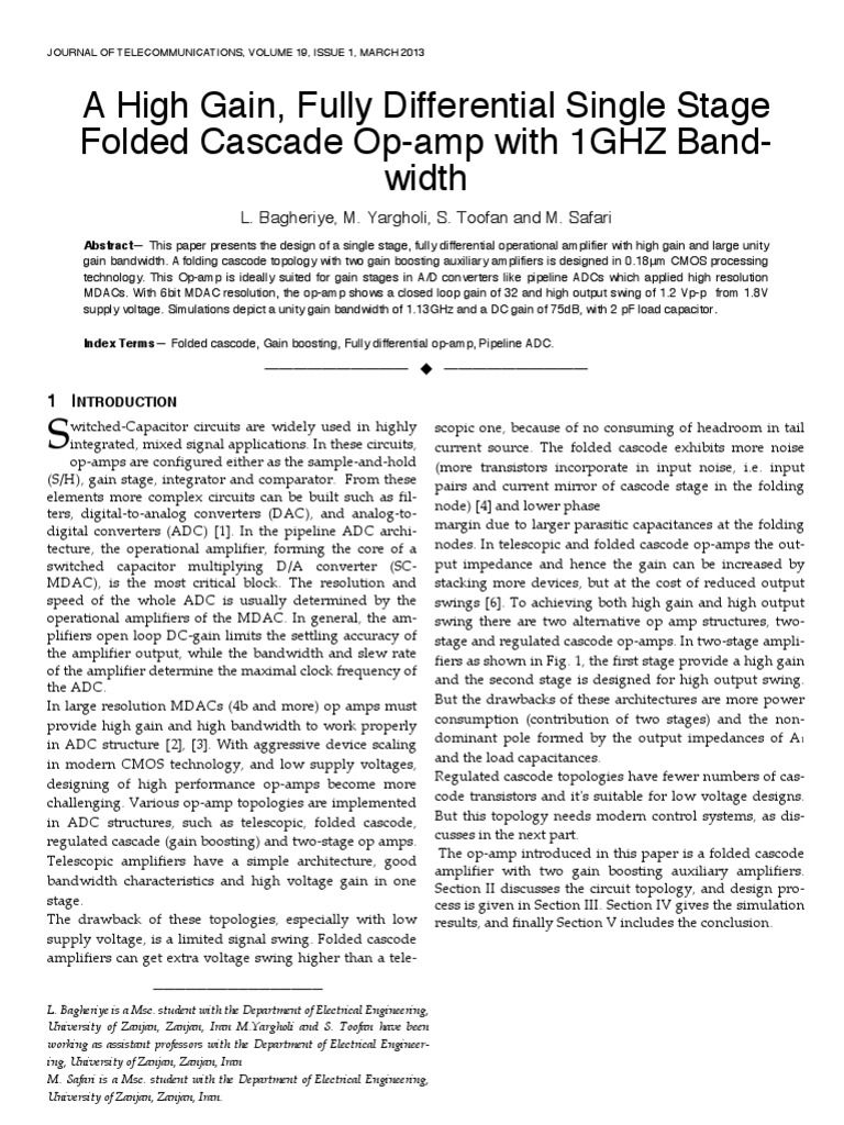 A High Gain, Fully Differential Single Stage Folded Cascade OpAmp With 1GHZ Bandwidth PDF