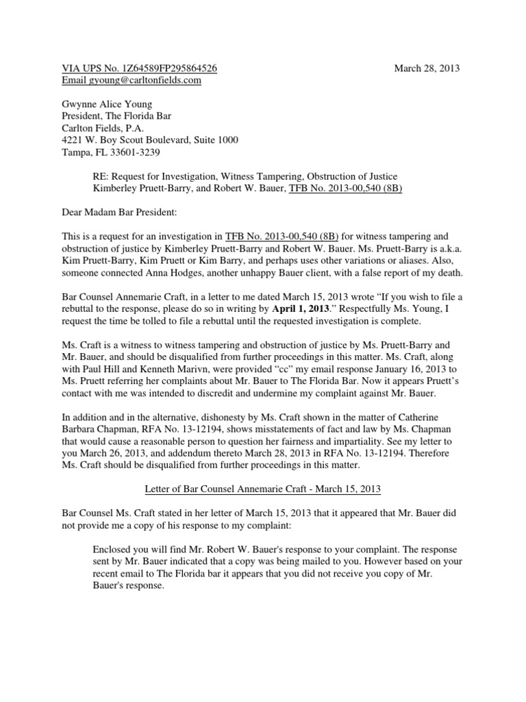 Letter to Florida Bar Pres Gwynne Young, Re Kim Pruett Complaint Lawyer