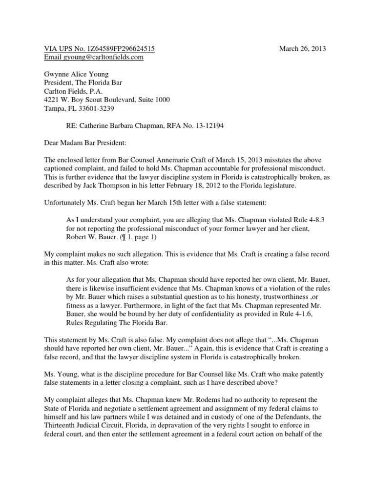 Letter To Florida Bar Pres Gwynne Young, RFA 1312194 Supreme Court
