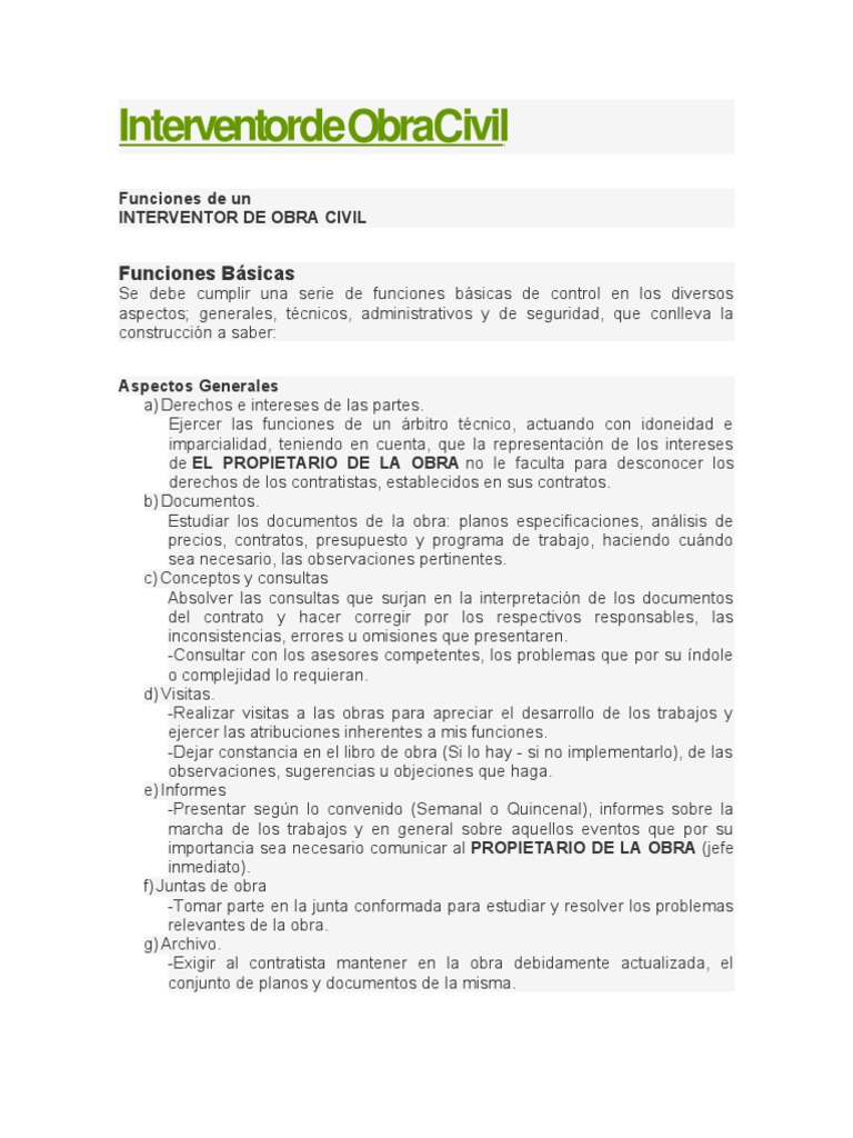 Funciones del Interventor de Obra Civil | PDF | Business