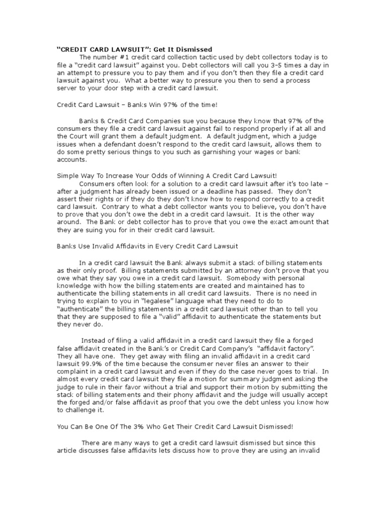 Credit Card Lawsuit Get It Dismissed PDF Affidavit Collection Agency