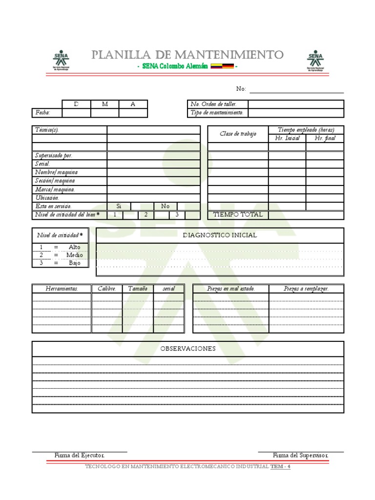 Planilla De Mantenimiento